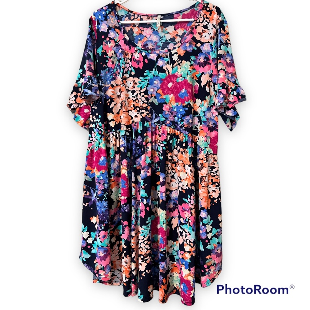 Voll womens size 3X plus dress navy floral design no pockets lightweight flowy